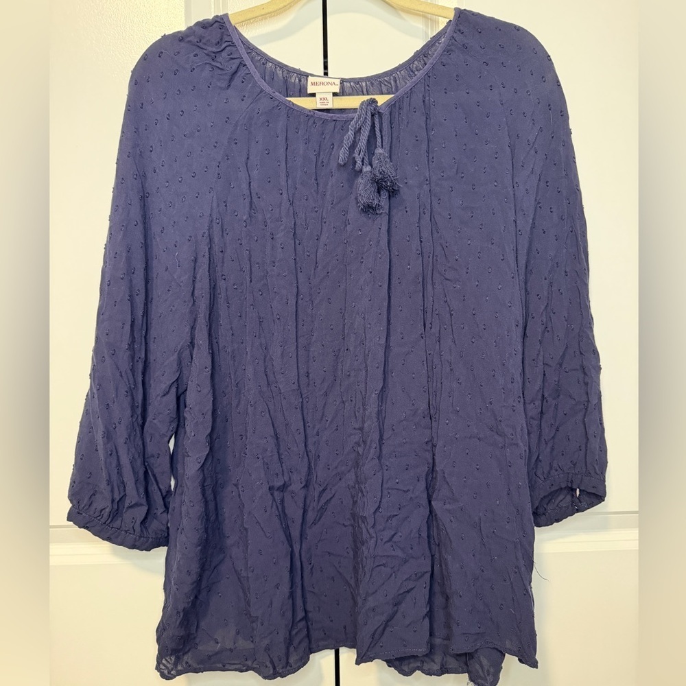 Merona Purple Swiss Dot Peasant Blouse Women’s XXL Tie Neck 3/4 Sleeve